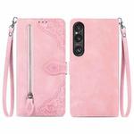 For Sony Xperia 1 VI Embossed Flower Zipper Leather Phone Case(Pink)