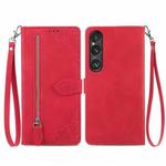 For Sony Xperia 1 VI Embossed Flower Zipper Leather Phone Case(Red)