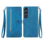 For Sony Xperia 1 VI Embossed Flower Zipper Leather Phone Case(Blue)