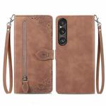 For Sony Xperia 1 VI Embossed Flower Zipper Leather Phone Case(Brown)