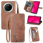 For Huawei Mate 70 Embossed Flower Zipper Leather Phone Case(Brown)