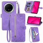 For Huawei Mate 70 Pro+ Embossed Flower Zipper Leather Phone Case(Purple)