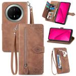 For Huawei Mate 70 Pro+ Embossed Flower Zipper Leather Phone Case(Brown)