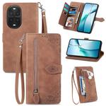 For Huawei nova 13 Pro Embossed Flower Zipper Leather Phone Case(Brown)