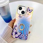 For iPhone 13 Electroplating Laser Butterfly Ring Holder Phone Case(Purple Butterflies AB3)