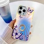For iPhone 14 Pro Electroplating Laser Butterfly Ring Holder Phone Case(Purple Butterflies AB3)