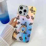 For iPhone 16 Pro Electroplating Laser Butterfly Ring Holder Phone Case(Black Butterflies AB5)