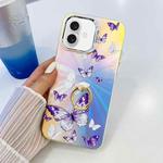 For iPhone 16 Electroplating Laser Butterfly Ring Holder Phone Case(White Purple Butterflies AB6)