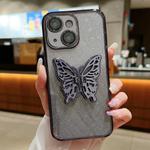 For iPhone 15 Plus Electroplated Gradient Glitter 3D Butterfly TPU Phone Case(Gradient Black)