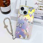 For iPhone 15 Electroplating Laser Butterfly Phone Case with Wrist Strap(Pink Butterflies AB2)