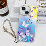 For iPhone 15 Electroplating Laser Butterfly Phone Case with Wrist Strap(White Purple Butterflies AB6)