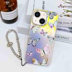 For iPhone 14 Electroplating Laser Butterfly Phone Case with Wrist Strap(Pink Butterflies AB2)