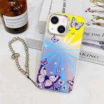 For iPhone 14 Electroplating Laser Butterfly Phone Case with Wrist Strap(Purple Butterflies AB3)