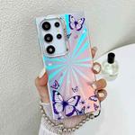 For Samsung Galaxy S22 Ultra 5G Electroplating Laser Butterfly Phone Case with Wrist Strap(Purple Butterflies AB3)