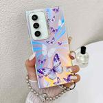 For Samsung Galaxy S23 FE 5G Electroplating Laser Butterfly Phone Case with Wrist Strap(White Purple Butterflies AB6)