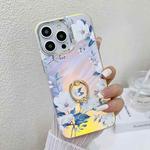 For iPhone 15 Pro Max Electroplating Laser Flower Ring Holder TPU Phone Case(White Flower AH10)