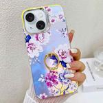 For iPhone 15 Electroplating Laser Flower Ring Holder TPU Phone Case(Peony AH11)