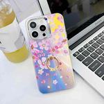 For iPhone 14 Pro Electroplating Laser Flower Ring Holder TPU Phone Case(Pink Flower AH13)