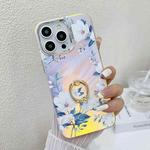 For iPhone 14 Pro Max Electroplating Laser Flower Ring Holder TPU Phone Case(White Flower AH10)