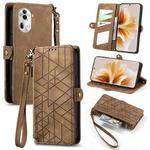 For OPPO Reno11 5G Global Geometric Zipper Wallet Side Buckle Leather Phone Case(Brown)