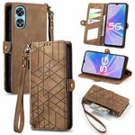 For OPPO A97 5G Geometric Zipper Wallet Side Buckle Leather Phone Case(Brown)