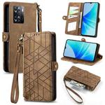 For OPPO A57 4G Geometric Zipper Wallet Side Buckle Leather Phone Case(Brown)
