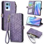 For OPPO Reno7 Pro 5G Geometric Zipper Wallet Side Buckle Leather Phone Case(Purple)