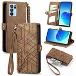 For OPPO Reno6 Pro 5G Geometric Zipper Wallet Side Buckle Leather Phone Case(Brown)