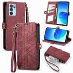 For OPPO Reno6 Pro 5G Geometric Zipper Wallet Side Buckle Leather Phone Case(Red)