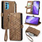For OPPO Reno5 5G Geometric Zipper Wallet Side Buckle Leather Phone Case(Brown)