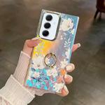 For Samsung Galaxy A55 5G Electroplating Laser Flower Ring Holder TPU Phone Case(White Flower AH10)