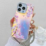 For iPhone 15 Pro Max Electroplating Laser Flower Phone Case with Wrist Strap(Peach Blossom AH4)
