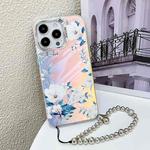 For iPhone 15 Pro Max Electroplating Laser Flower Phone Case with Wrist Strap(White Flower AH10)