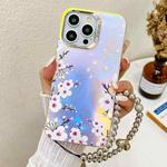 For iPhone 15 Pro Electroplating Laser Flower Phone Case with Wrist Strap(Plum Blossom AH18)