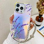 For iPhone 15 Pro Electroplating Laser Flower Phone Case with Wrist Strap(Lavender AH14)