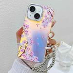 For iPhone 15 Electroplating Laser Flower Phone Case with Wrist Strap(Peach Blossom AH4)