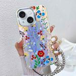 For iPhone 15 Electroplating Laser Flower Phone Case with Wrist Strap(Flower AH6)