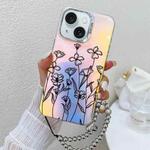 For iPhone 15 Electroplating Laser Flower Phone Case with Wrist Strap(Drawn Flowers AH3)