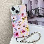 For iPhone 15 Electroplating Laser Flower Phone Case with Wrist Strap(Cosmos Flower AH7)