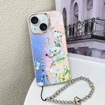 For iPhone 15 Electroplating Laser Flower Phone Case with Wrist Strap(Blue Flower AH8)