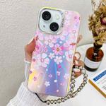 For iPhone 15 Electroplating Laser Flower Phone Case with Wrist Strap(Pink Flower AH13)