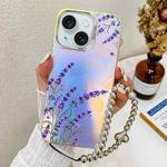 For iPhone 15 Electroplating Laser Flower Phone Case with Wrist Strap(Lavender AH14)