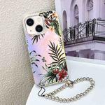For iPhone 14 Electroplating Laser Flower Phone Case with Wrist Strap(Leaves AH12)