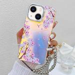 For iPhone 13 Electroplating Laser Flower Phone Case with Wrist Strap(Peach Blossom AH4)