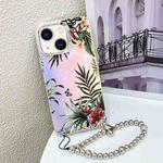 For iPhone 13 Electroplating Laser Flower Phone Case with Wrist Strap(Leaves AH12)