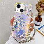 For iPhone 13 Electroplating Laser Flower Phone Case with Wrist Strap(Pear Blossom AH17)