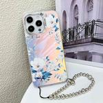 For iPhone 16 Pro Max Electroplating Laser Flower Phone Case with Wrist Strap(White Flower AH10)