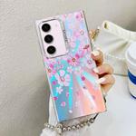 For Samsung Galaxy S23+ 5G Electroplating Laser Flower Phone Case with Wrist Strap(Pink Flower AH13)