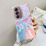 For Samsung Galaxy A14 5G Electroplating Laser Flower Phone Case with Wrist Strap(Pink Flower AH13)