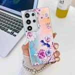 For Samsung Galaxy S22 Ultra 5G Electroplating Laser Flower Phone Case with Wrist Strap(Peony AH11)
